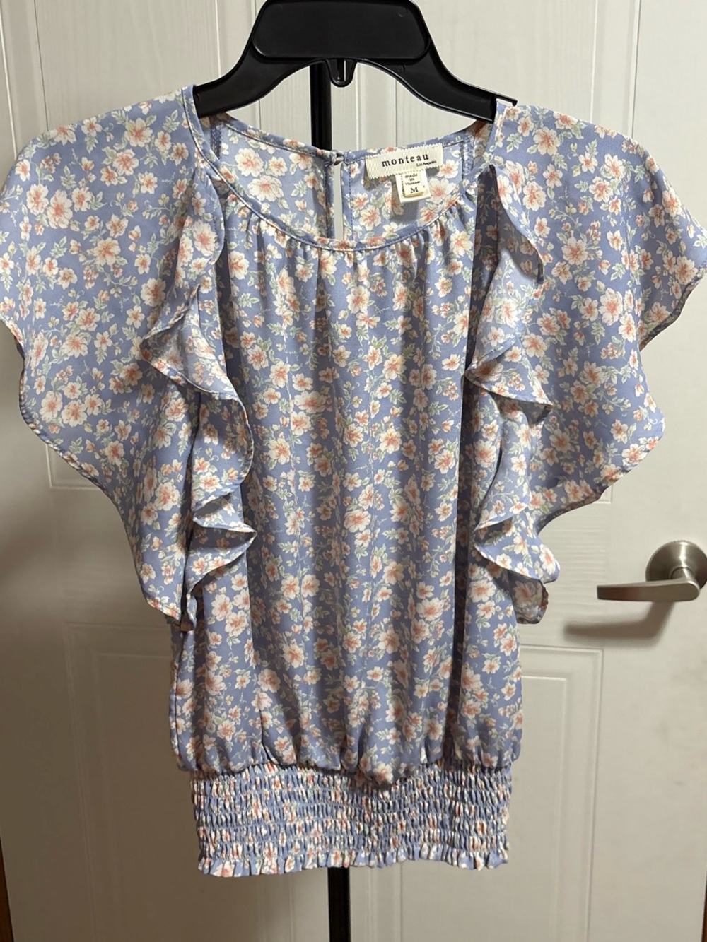 Monteau Light Blue Floral Ruffle Sleeve Top